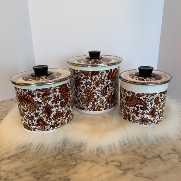 Enamelware Canisters with Lids by Fancipans Brown Paisley Print 70's Vintage EUC - Picture 1 of 11